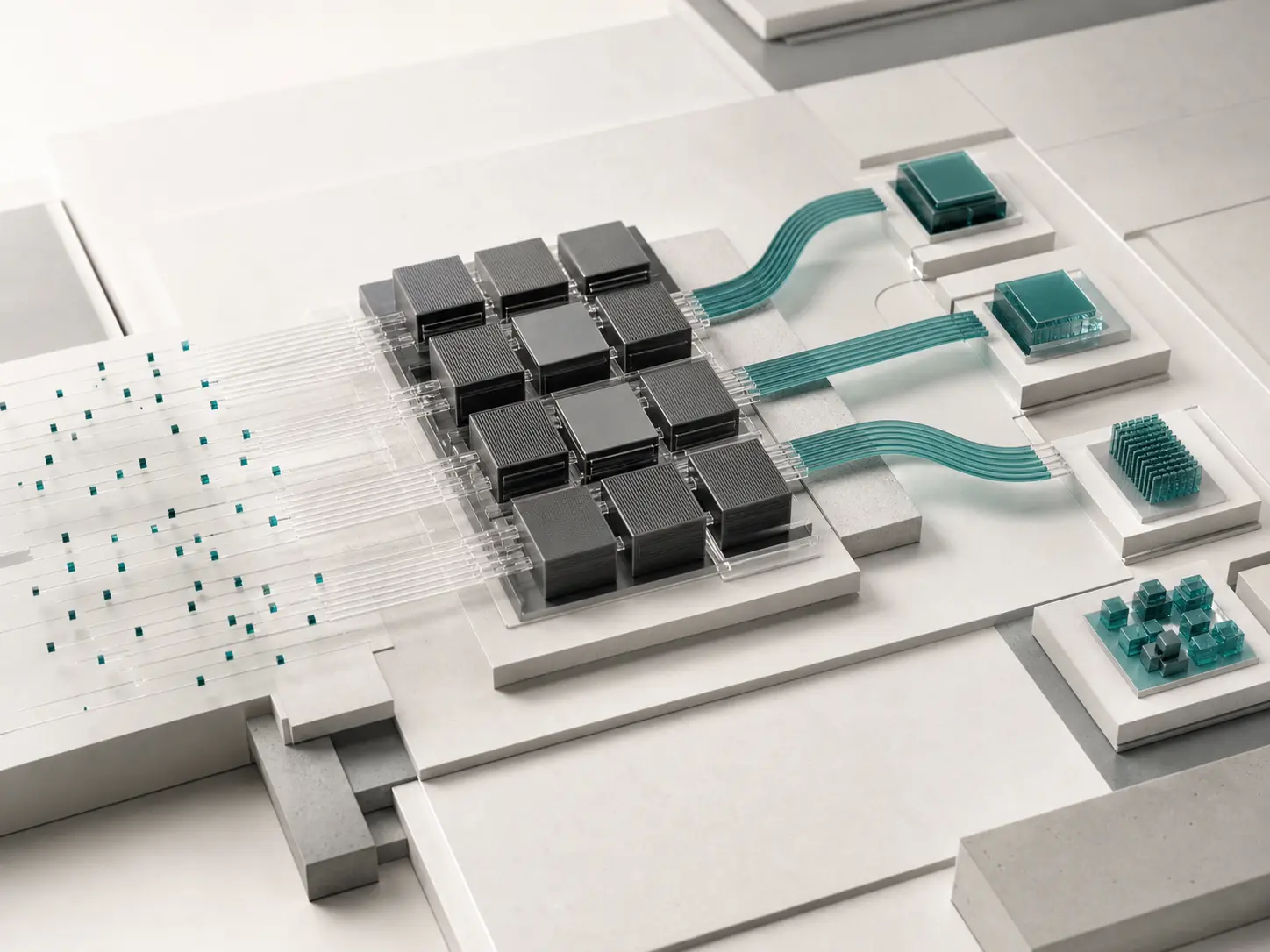 Maquette d’un système d’intelligence artificielle transformant des flux de données en résultats structurés.