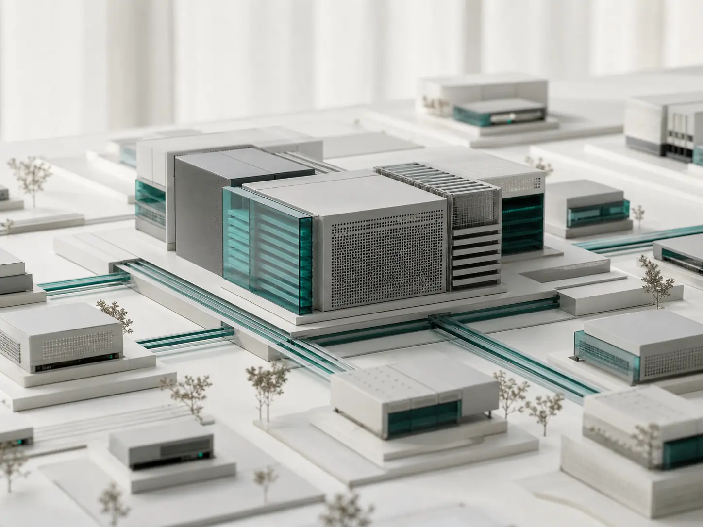Maquette d’une infrastructure cloud distribuée reliant un cœur de calcul à plusieurs systèmes périphériques.