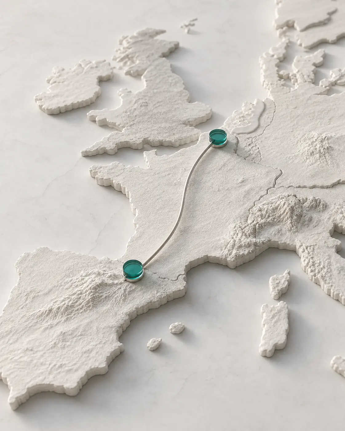 Architectural model of EBMC Group’s European network between Luxembourg and Barcelona.